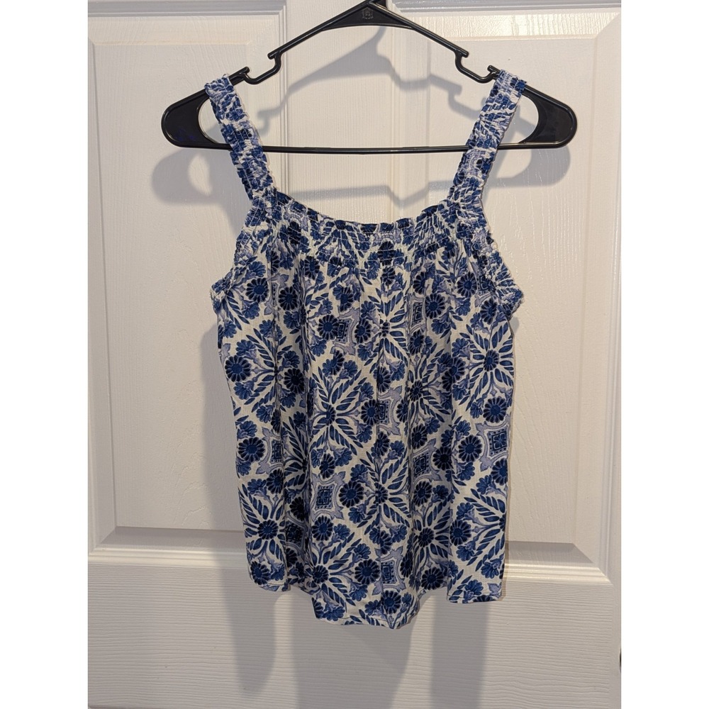 Coastal Boho Blue Floral Smocked Tank Cottagecore Rayon Top Size S